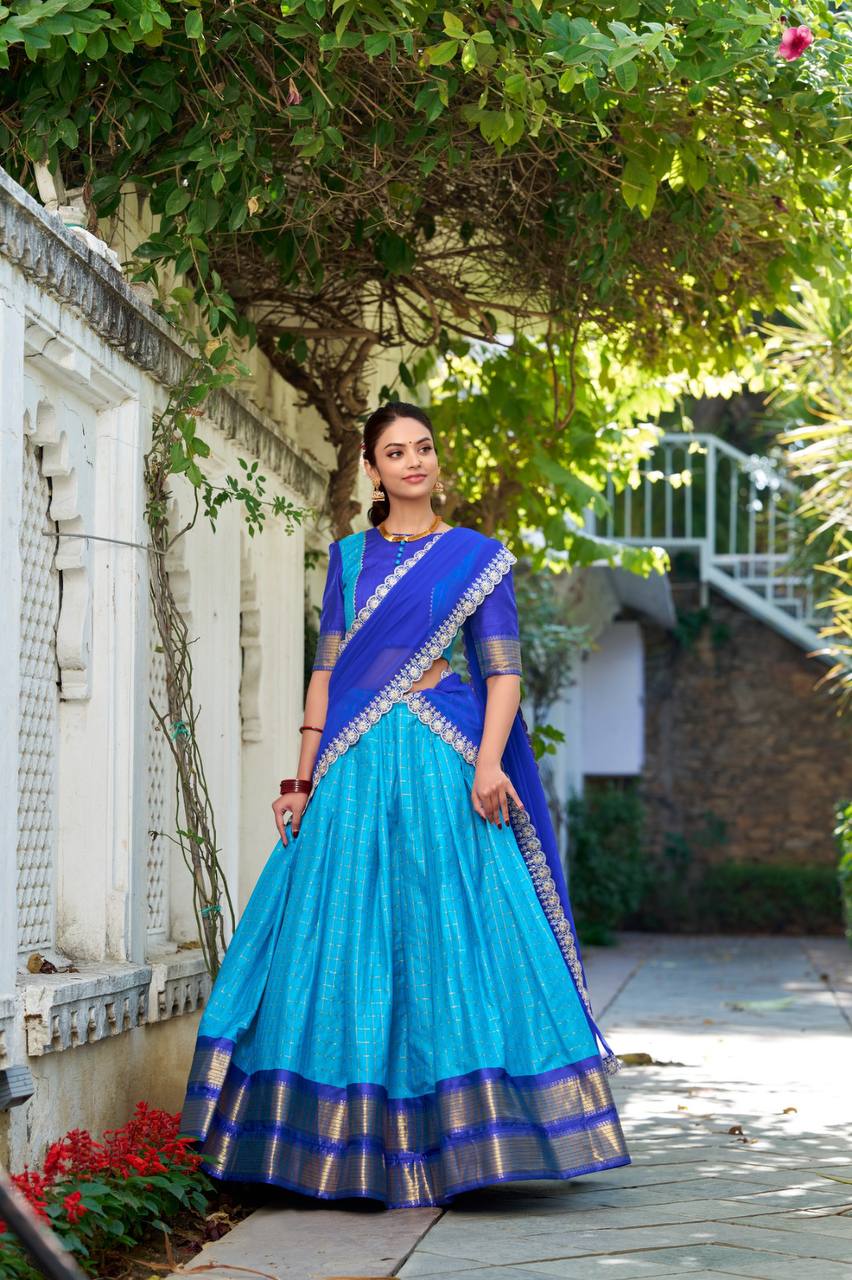 Stylish Lehenga Choli With Chex And Zari Weaving Work| Ready To Wear