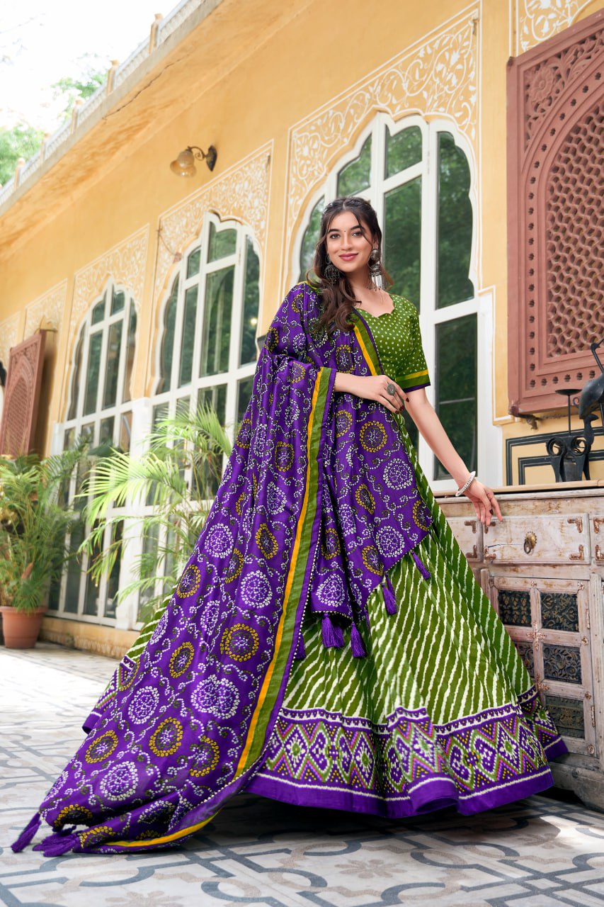 New Tussar Silk Lehenga Choli Leheriya With Patola Print Border | Ready To Wear