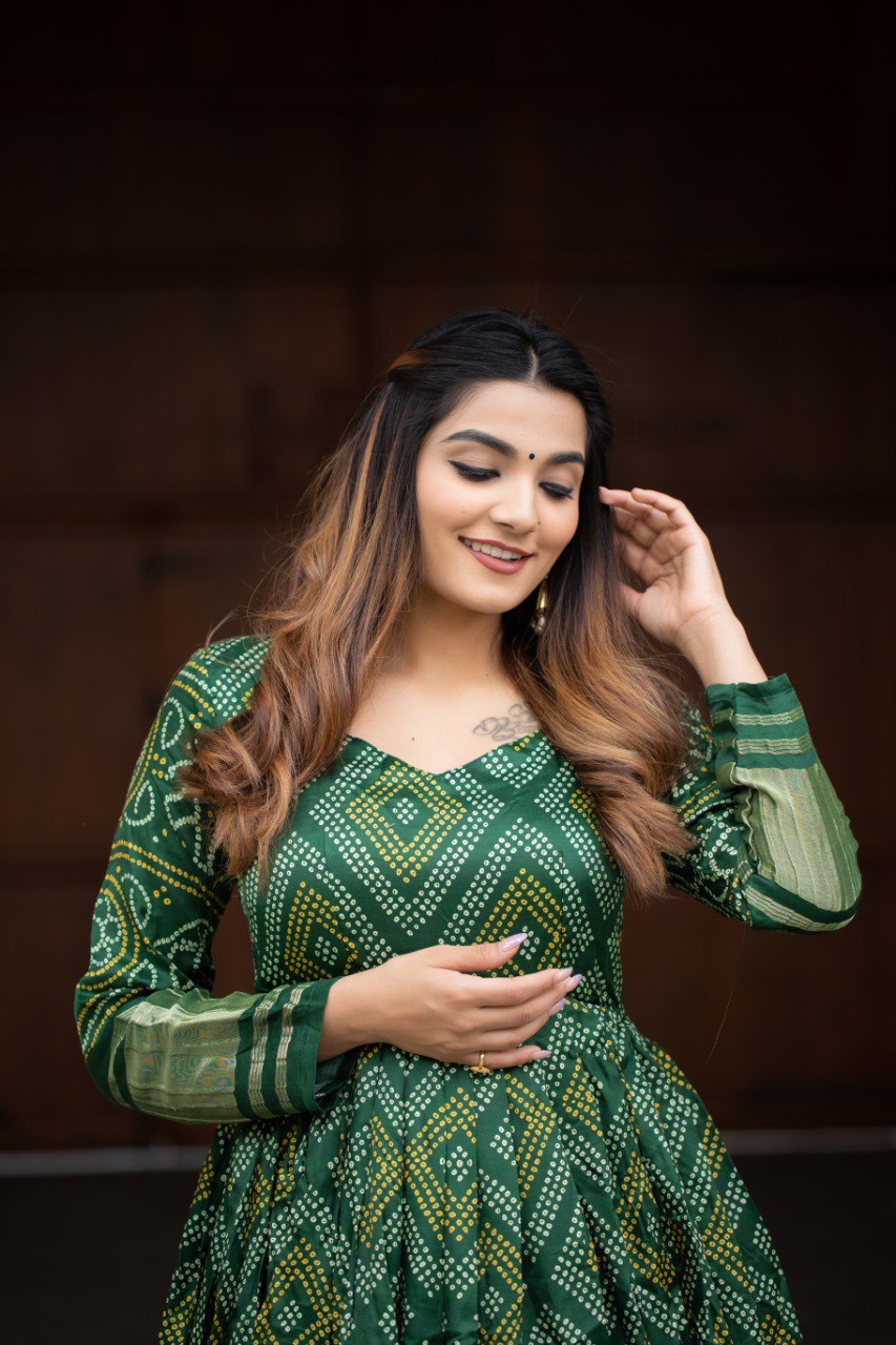 Designer Gaji Silk Gown With Bandhej Print | Ready To Wear