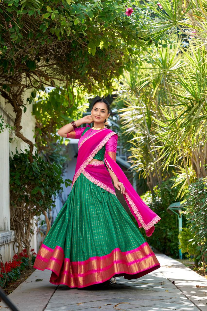 Stylish Lehenga Choli With Chex And Zari Weaving Work| Ready To Wear