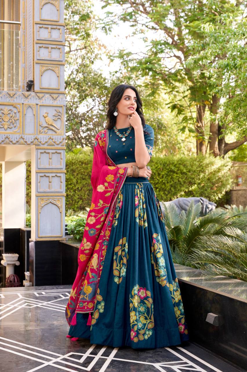 Tussar Silk Lehenga Choli With Printed Foil Work | Ready To Wear