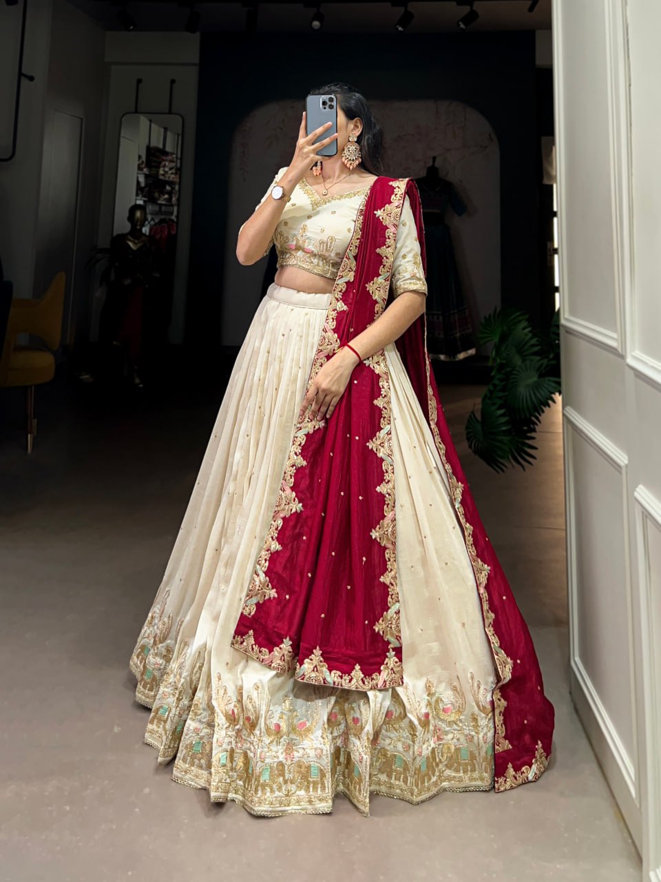 Beautiful Off White Lehenga Choli With Sequins and Thread Embroidery | Ready To Wear
