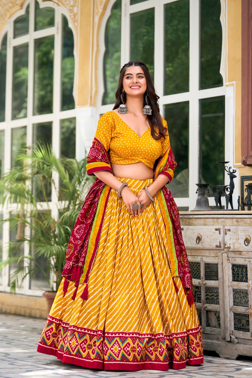 New Tussar Silk Lehenga Choli Leheriya With Patola Print Border | Ready To Wear