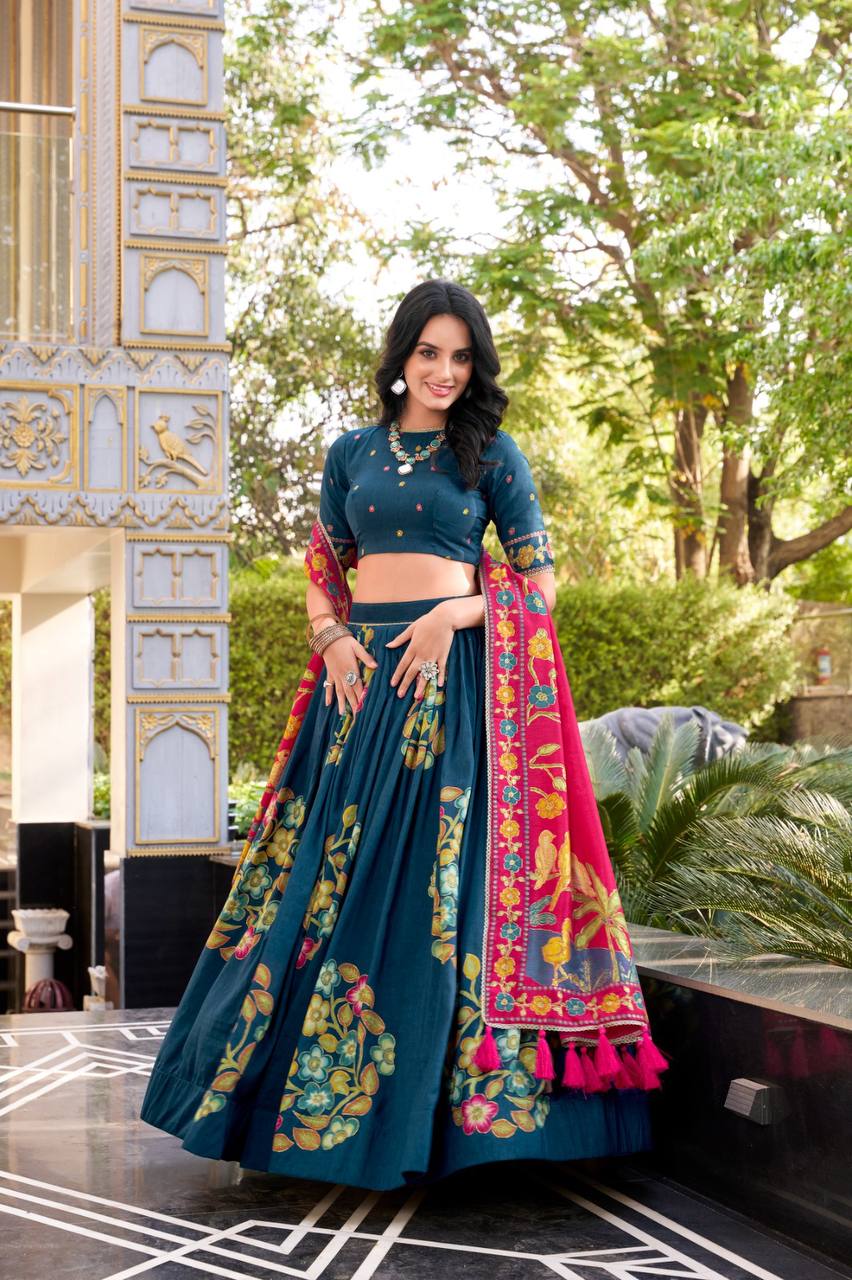 Tussar Silk Lehenga Choli With Printed Foil Work | Ready To Wear