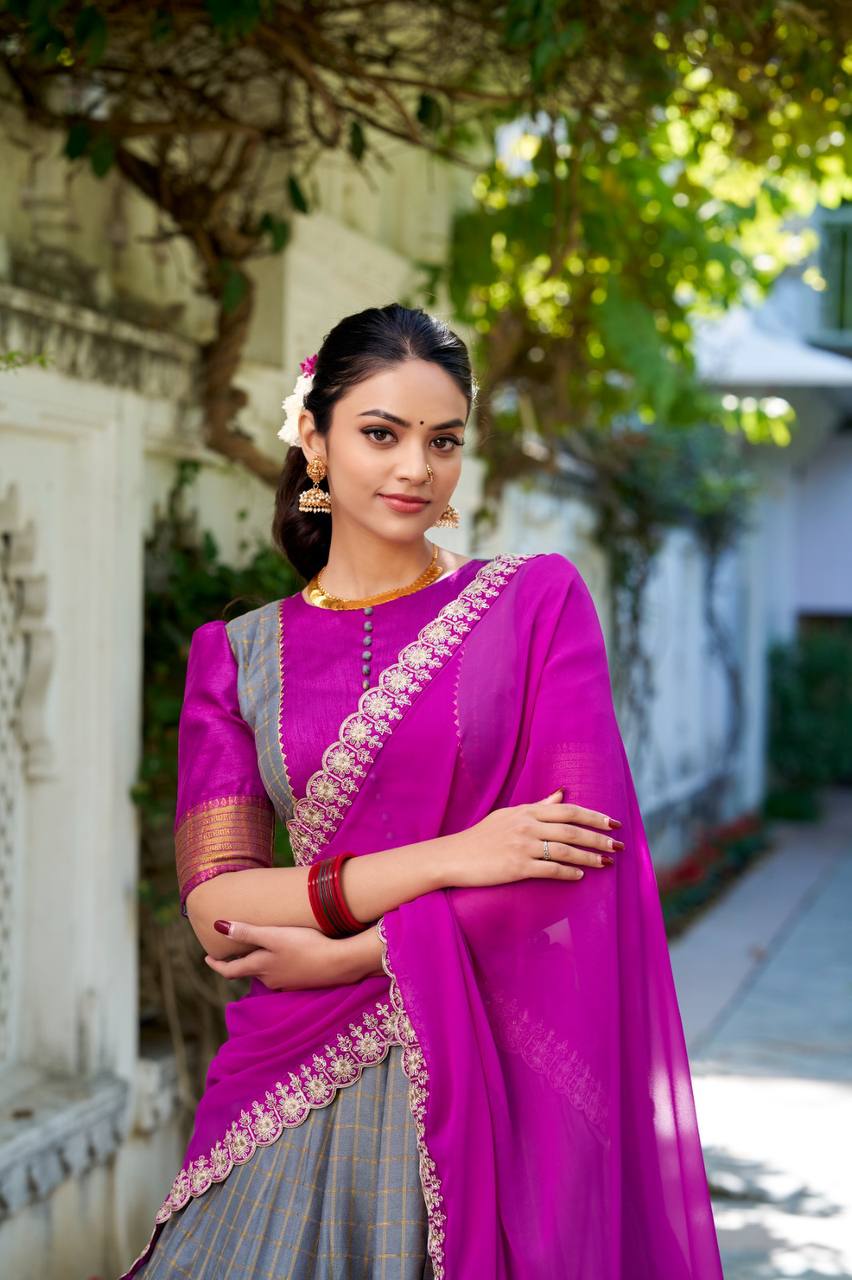 Stylish Lehenga Choli With Chex And Zari Weaving Work| Ready To Wear