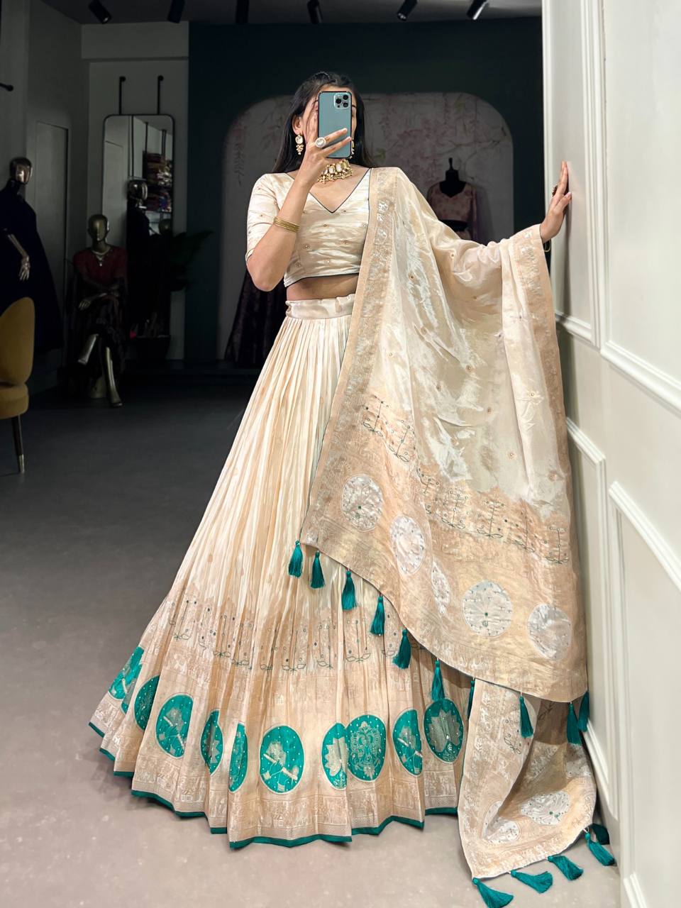 Pure Shimmer Lehenga Choli With Mirror Beads And Moti Hand Work | Ready To Wear