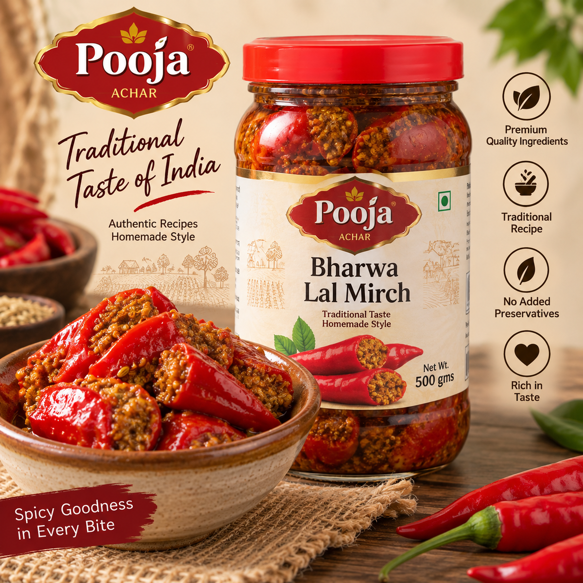 Pooja Achar Bharwa Lal Mirch 500 gms Authentic Indian Stuffed Red Chilli Pickle in Traditional Spicy Masala | IndiaShopping.io