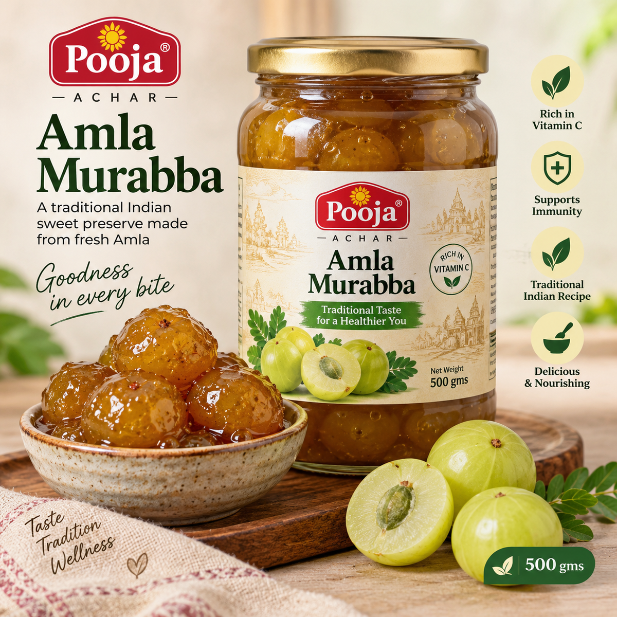 Pooja Achar Amla Murabba 500 gms – Traditional Indian sweet gooseberry preserve made from fresh amla, rich in Vitamin C and authentic homemade taste.