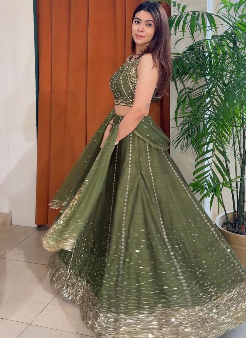 Thai Silk Sequin Work Lehenga Choli in Radiant Green | Ready To Wear