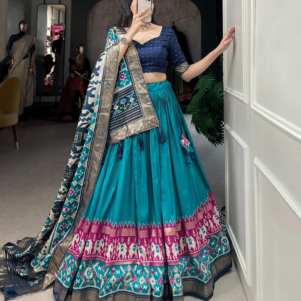 Tussar Silk Ready to Wear Lehenga Patola Digital Prints - India shopping