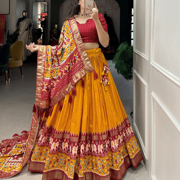 Tussar Silk Ready to Wear Lehenga Patola Digital Prints - India shopping