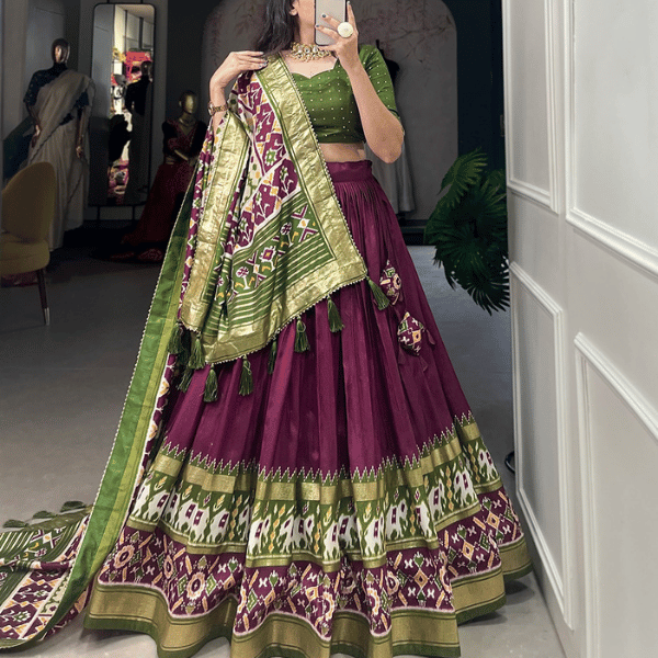 Tussar Silk Ready to Wear Lehenga Patola Digital Prints - India shopping