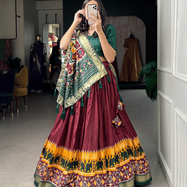 Tussar Silk Ready to Wear Lehenga Patola Digital Prints - India shopping