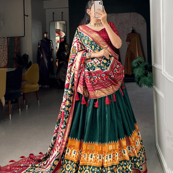 Tussar Silk Ready to Wear Lehenga Patola Digital Prints - India shopping