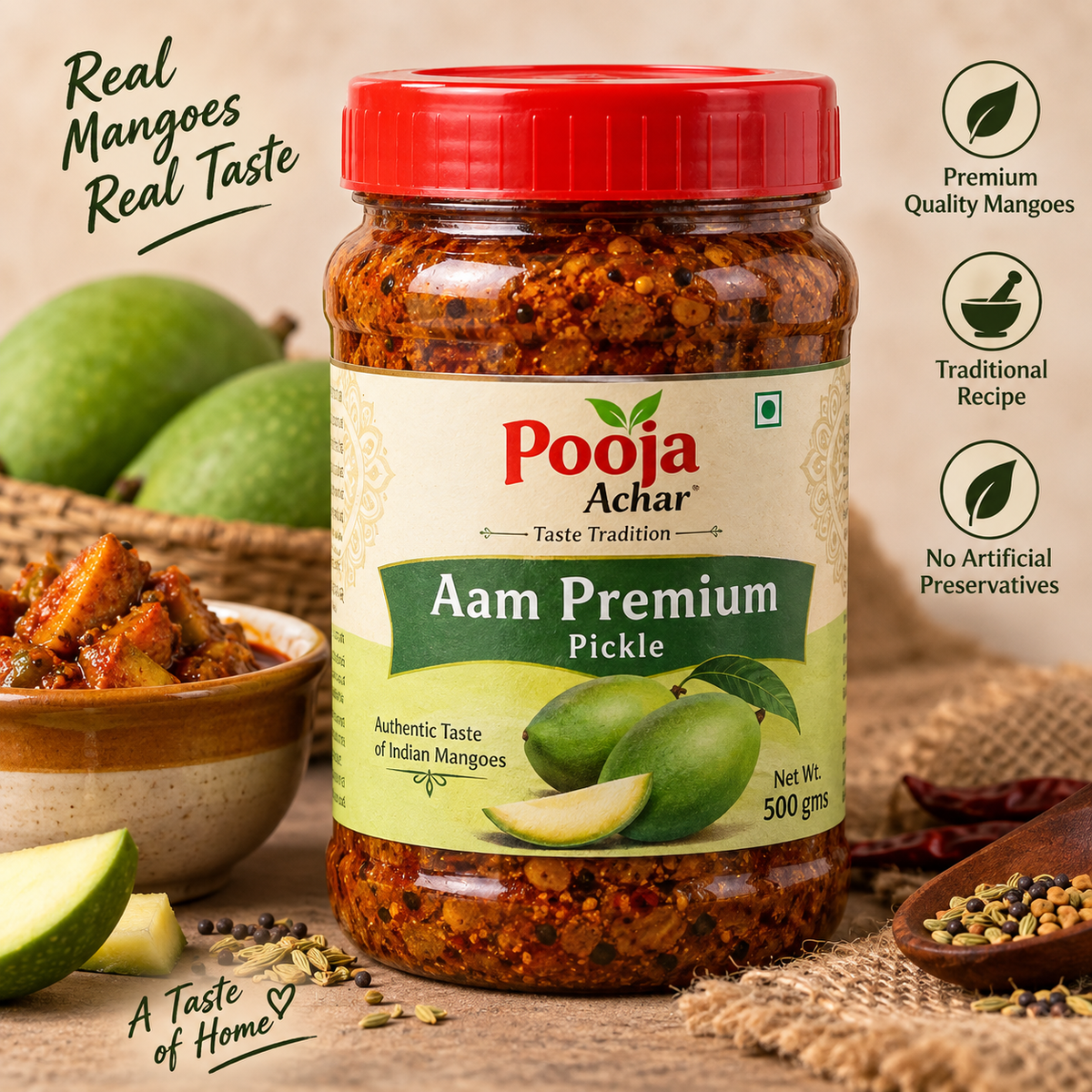 Pooja Achar Aam Premium Pickle 500g – authentic Indian mango pickle made with premium raw mangoes and traditional spices, available at IndiaShopping.io.