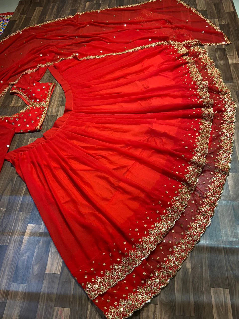 Red Lehenga Choli With Sequins Zari Work | Ready To Wear