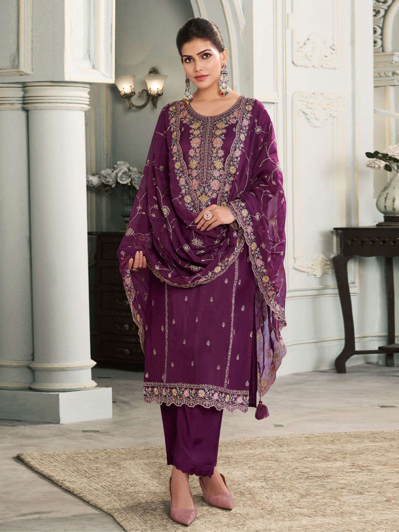 Muga Silk Suit With Embroidery Work | Ready To Wear