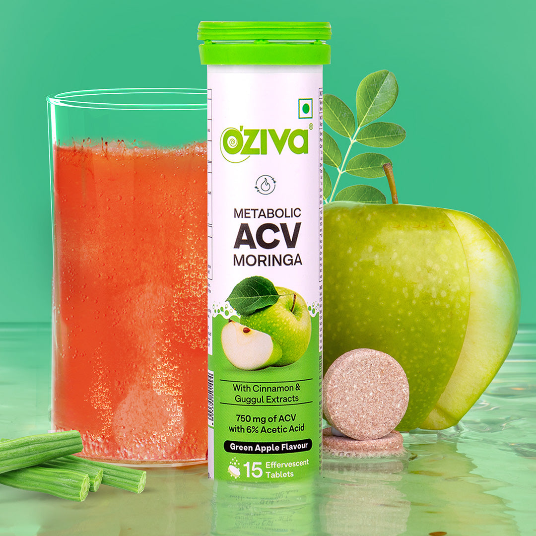 Oziva ACV Moringa | Control Cravings | Apple Cider Vinegar, Cinnamon, Guggul | No Maltodextrin & No Added Sugar - Green apple, Pack of 8 (120 Tablets)