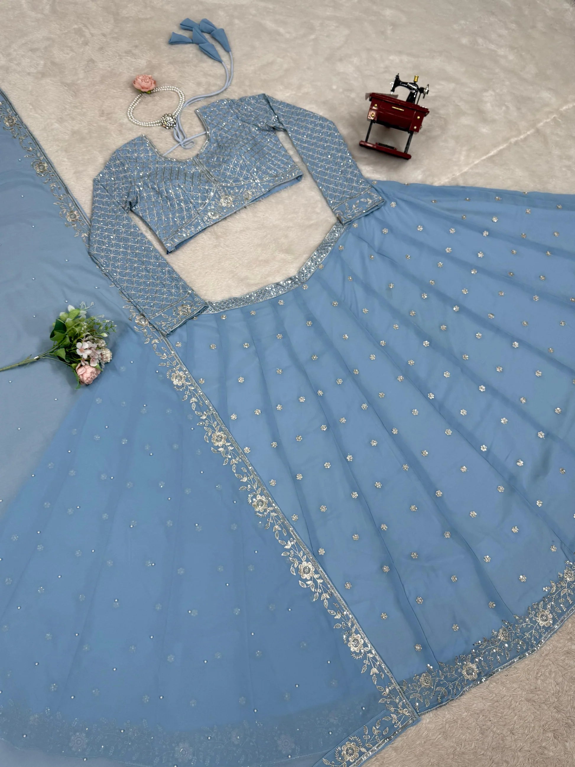 Sky Blue Lehenga Choli With Thread Rivet Moti Work | Ready To Wear