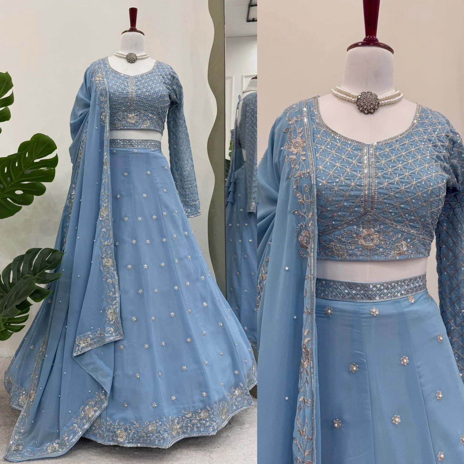 Sky Blue Lehenga Choli With Thread Rivet Moti Work | Ready To Wear