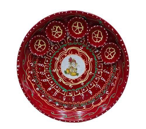Decorative Red Cone Work Steel Ganesha Hand Painted Pooja Aarti Thali - India shopping