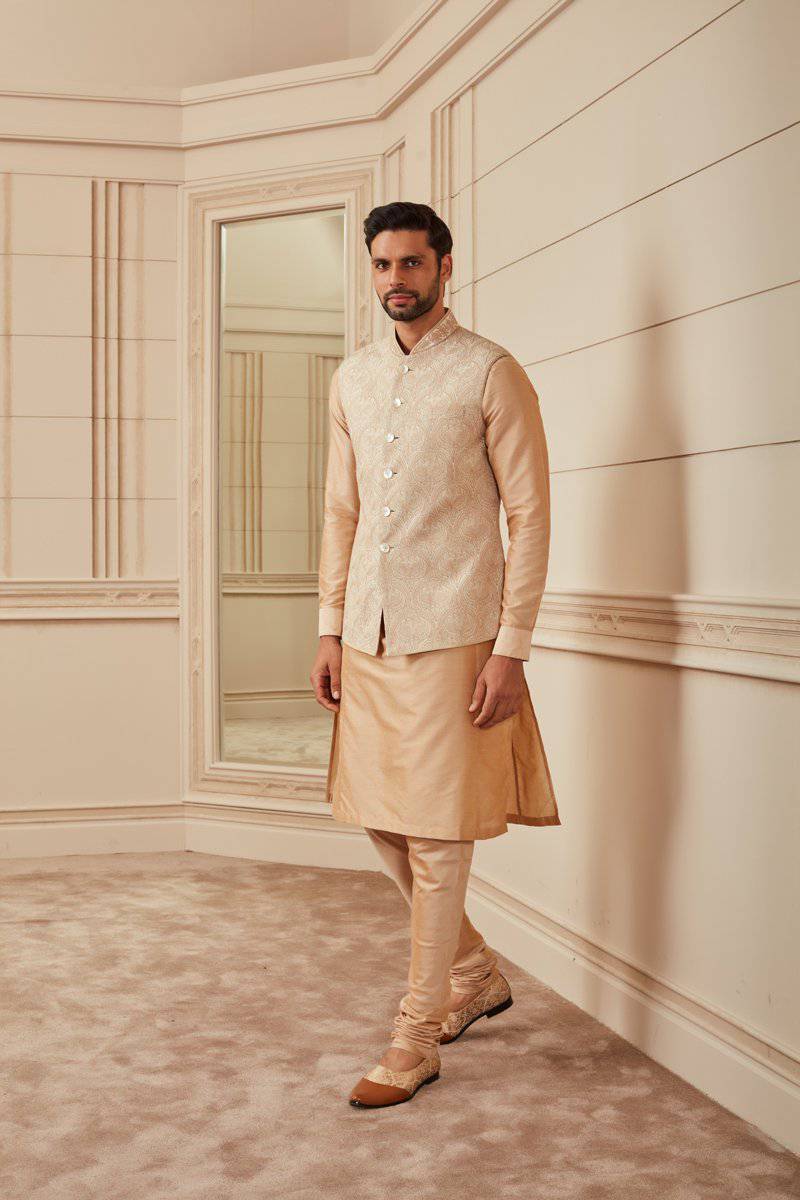 Tasva Beige Embroidered Kurta Bundi Set - India shopping