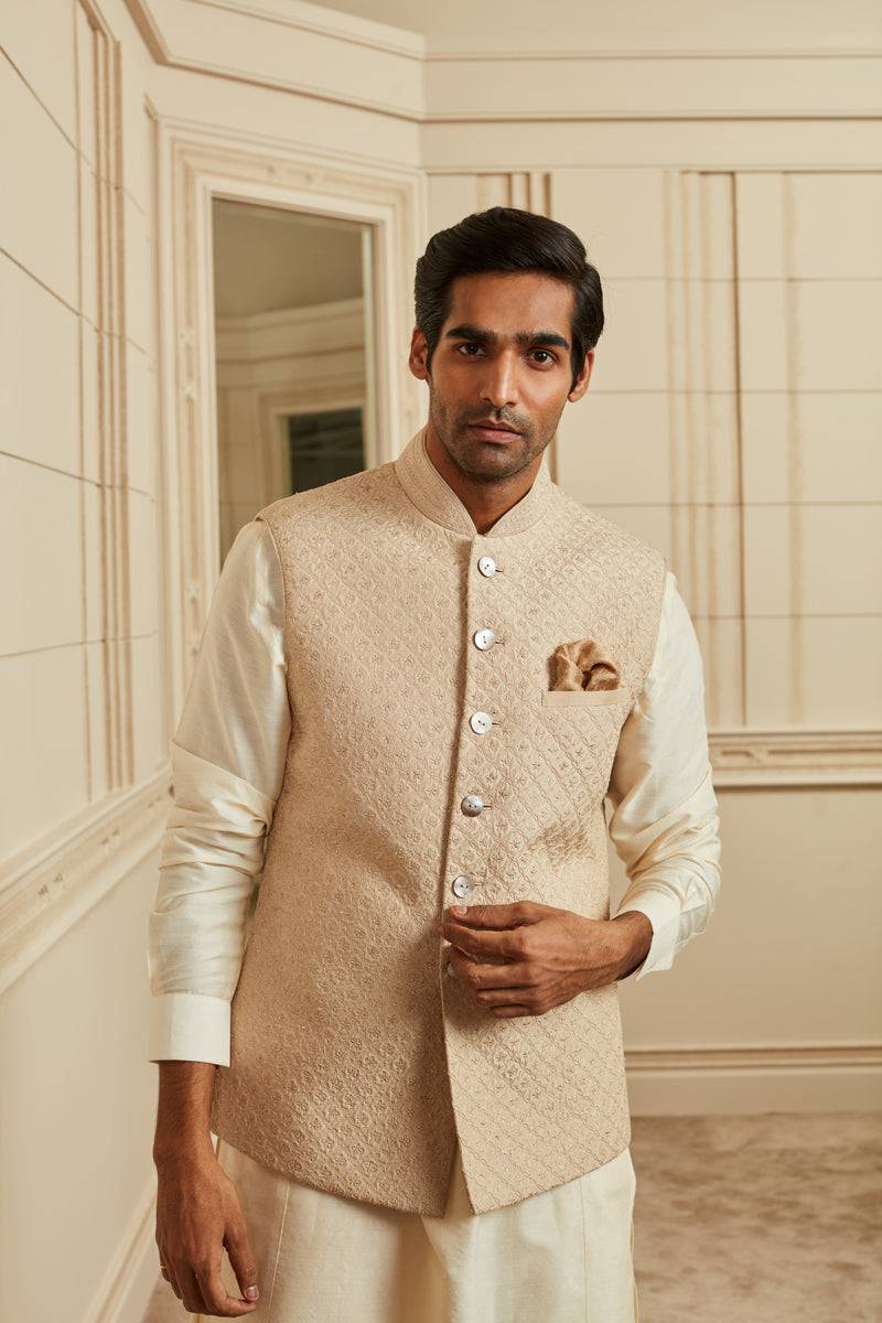 Tasva Beige Quilted Bundi - India shopping