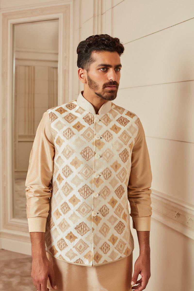 Tasva Beige Silk Kurta Bundi Set - India shopping