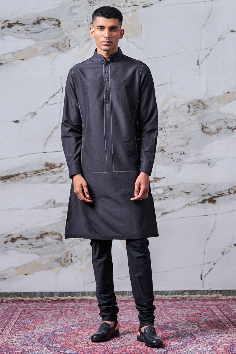 Tasva Black Kurta With Shadow Bundi Stitch Detail - India shopping