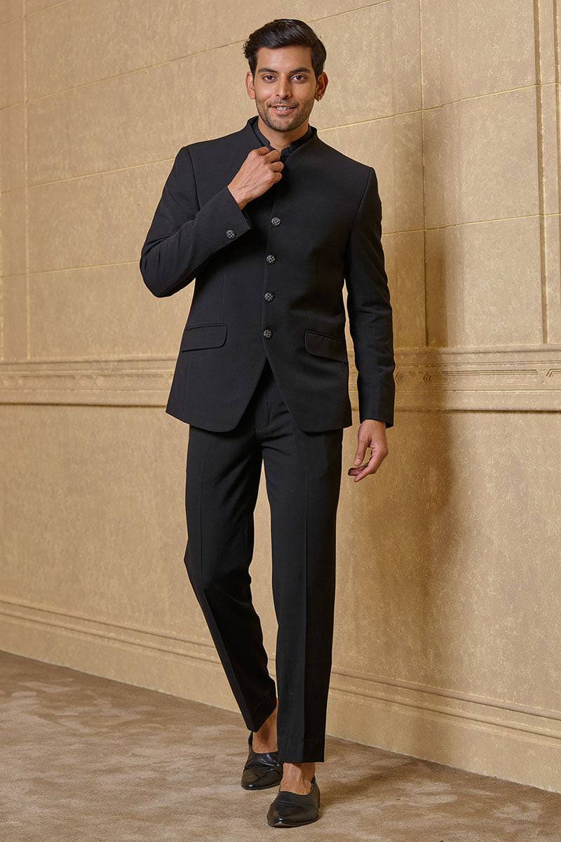 Tasva Black Plain Stretch Bandhgala In Built Up Neck - India shopping