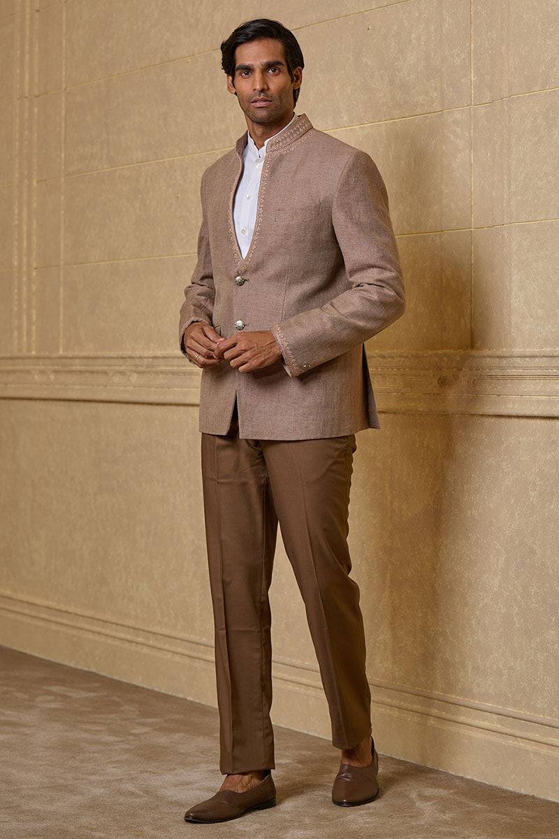 Tasva Brown Linen Bandhgala With Tonal Dori Embroidery - India shopping