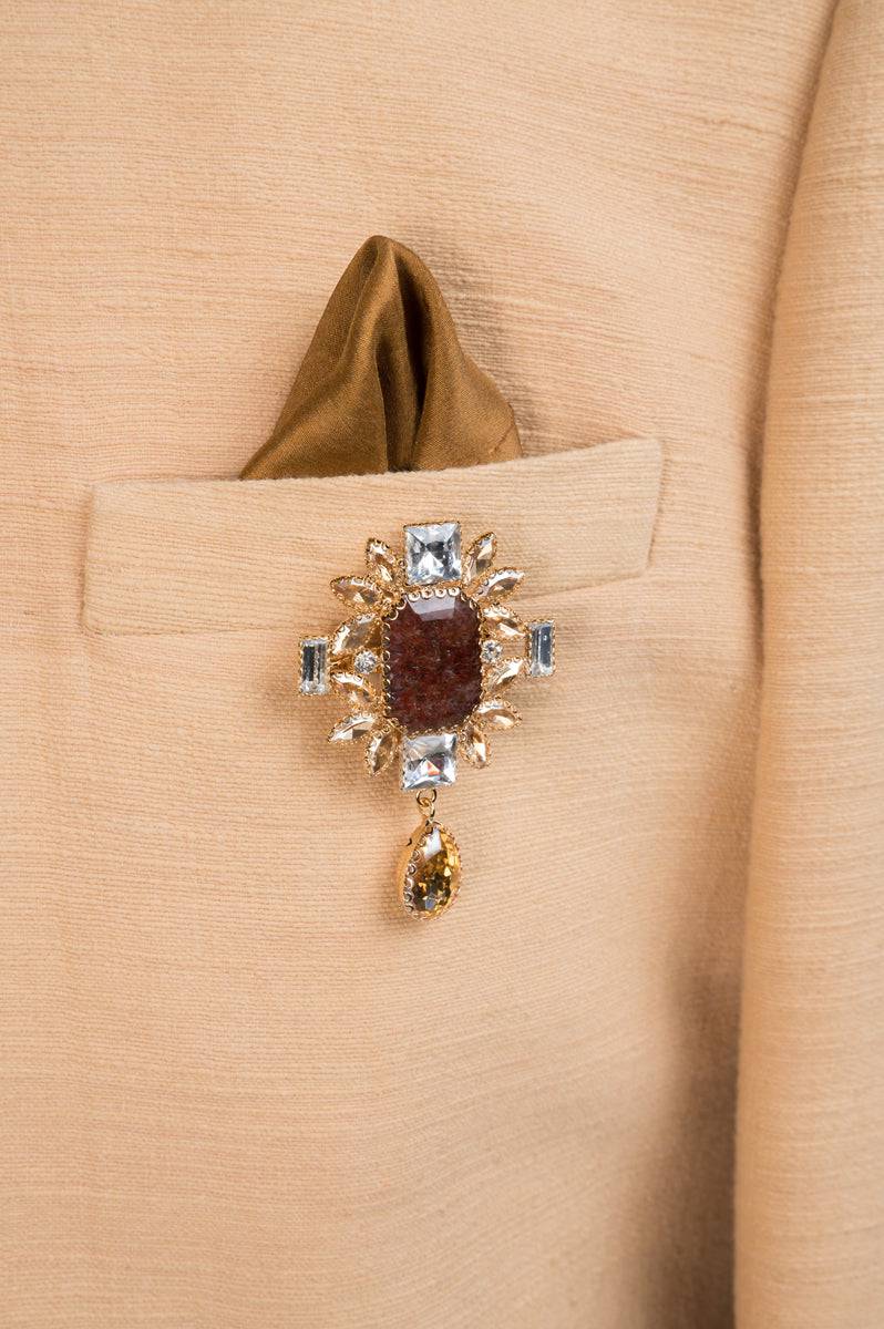 Tasva Brown Octagon Crystal Stone Brooch - India shopping