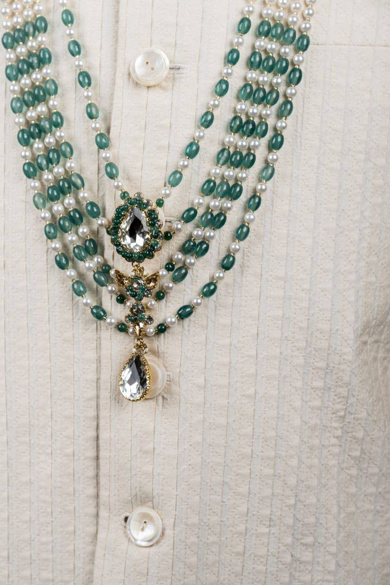 Tasva Five Layered Green And White Long Bead Mala - India shopping