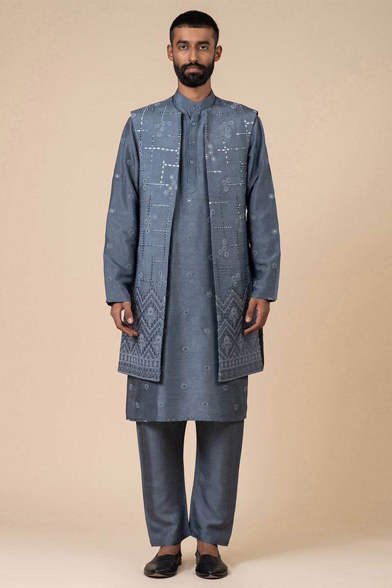 Tasva Grey Open Front Kurta Bundi Set - India shopping