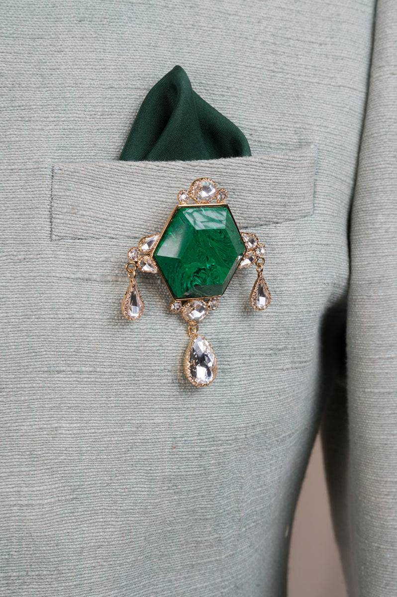 Tasva Hexagon Emerald Resin & Crystal Brooch - India shopping