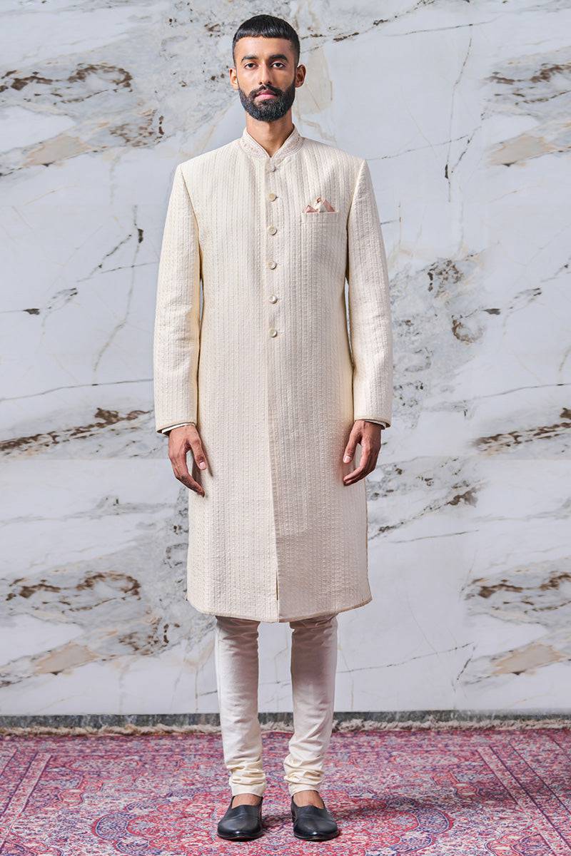 Tasva Ivory All Over Textured Sherwani - India shopping