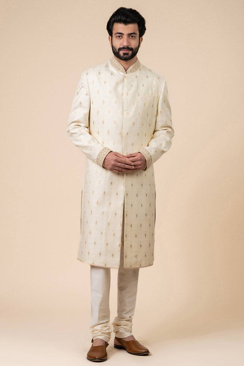 Tasva Ivory Classic Sherwani With Embroidered Collar - India shopping