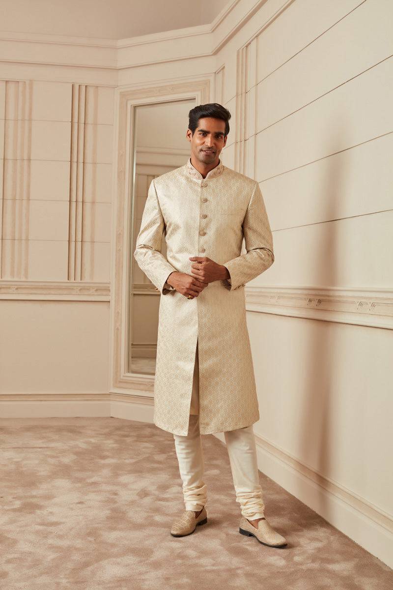 Tasva Ivory Poly Zari Brocade Sherwani - India shopping