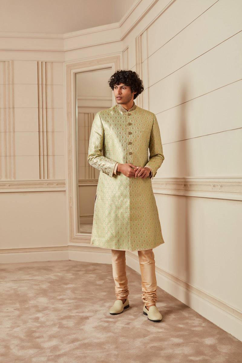 Tasva Light Green All Over Embroidered Sherwani With Zardozi Collar & Buttons - India shopping