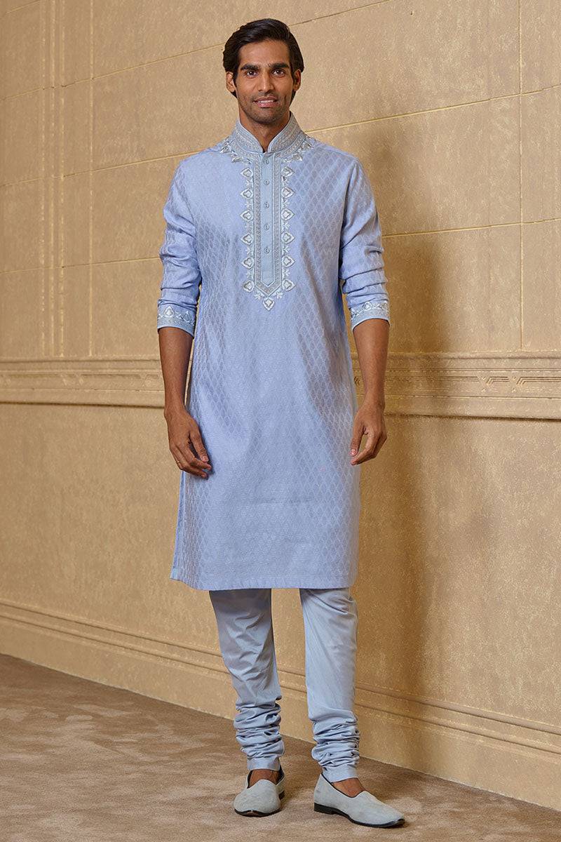 Tasva Lt.Blue Cotton Jacquard Kurta Set With Embroidery Details - India shopping