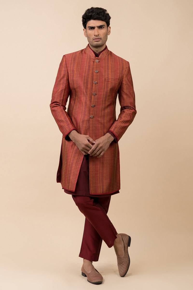 Tasva Maroon Brocade Achkan - India shopping