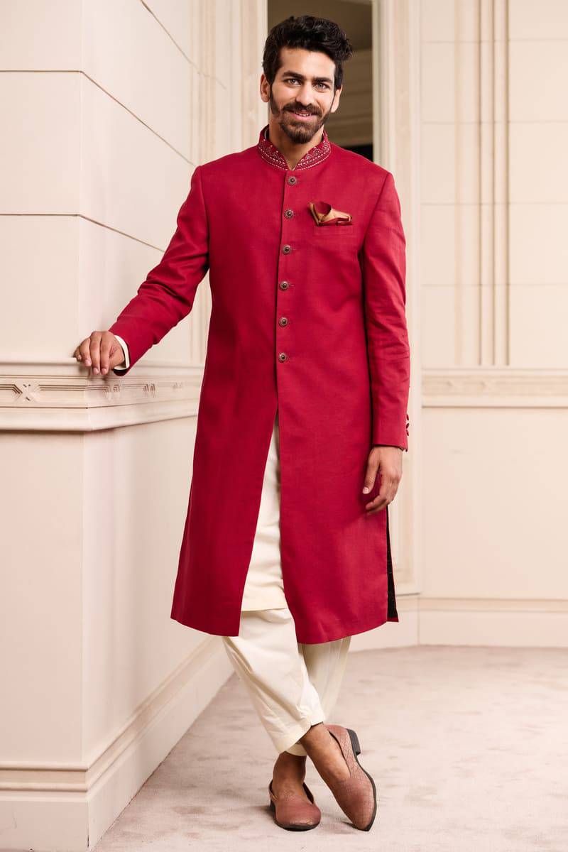 Tasva Maroon Linen Sherwani - India shopping