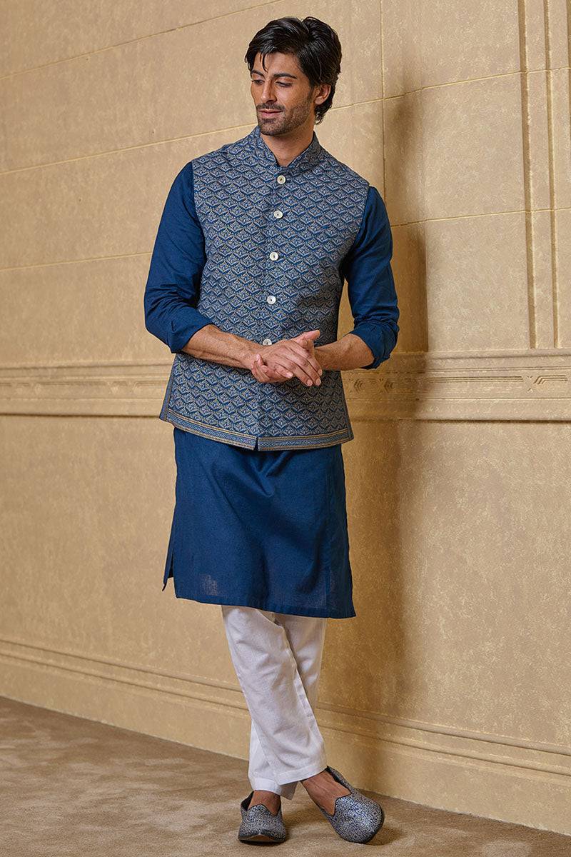 Tasva Medium Blue All Over Printed Kurta Bundi Set - India shopping