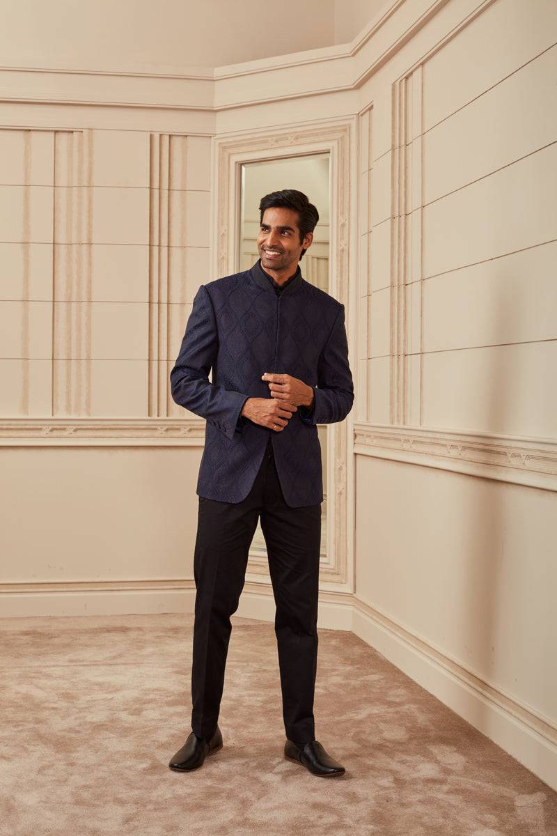 Tasva Navy Jacquard Bandhgala - India shopping