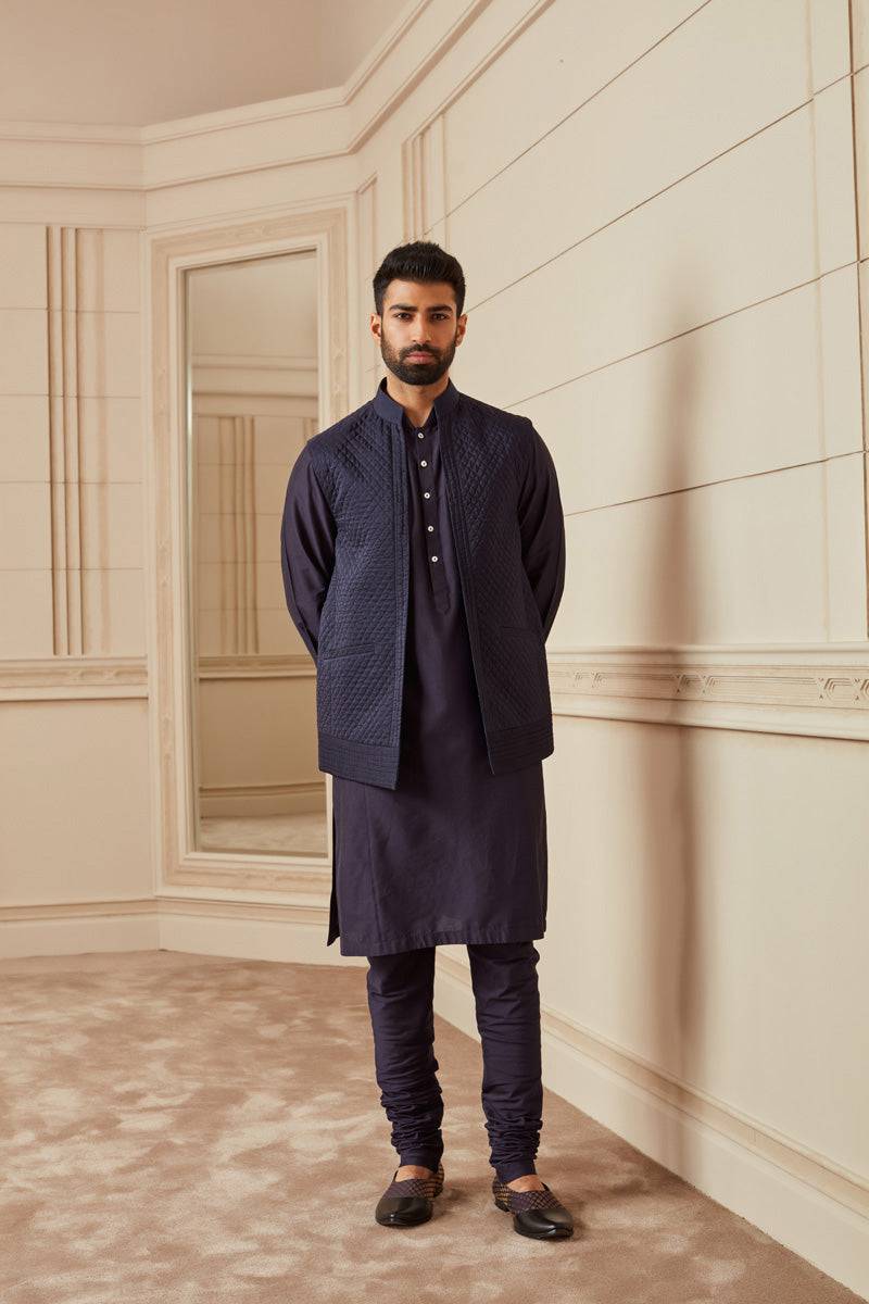 Tasva Navy Quilted Kurta Bundi Set - India shopping