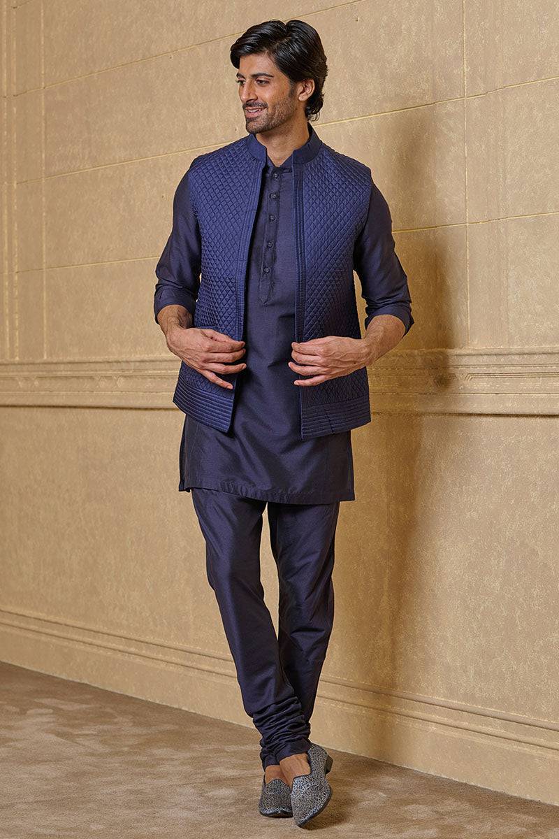 Tasva Navy Silk Quilted Kurta Bundi Set - India shopping
