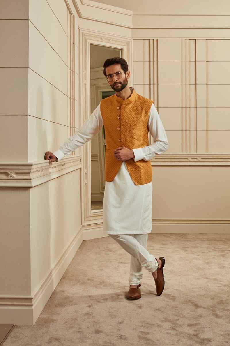 Tasva Orange Brocade Kurta Bundi Set - India shopping