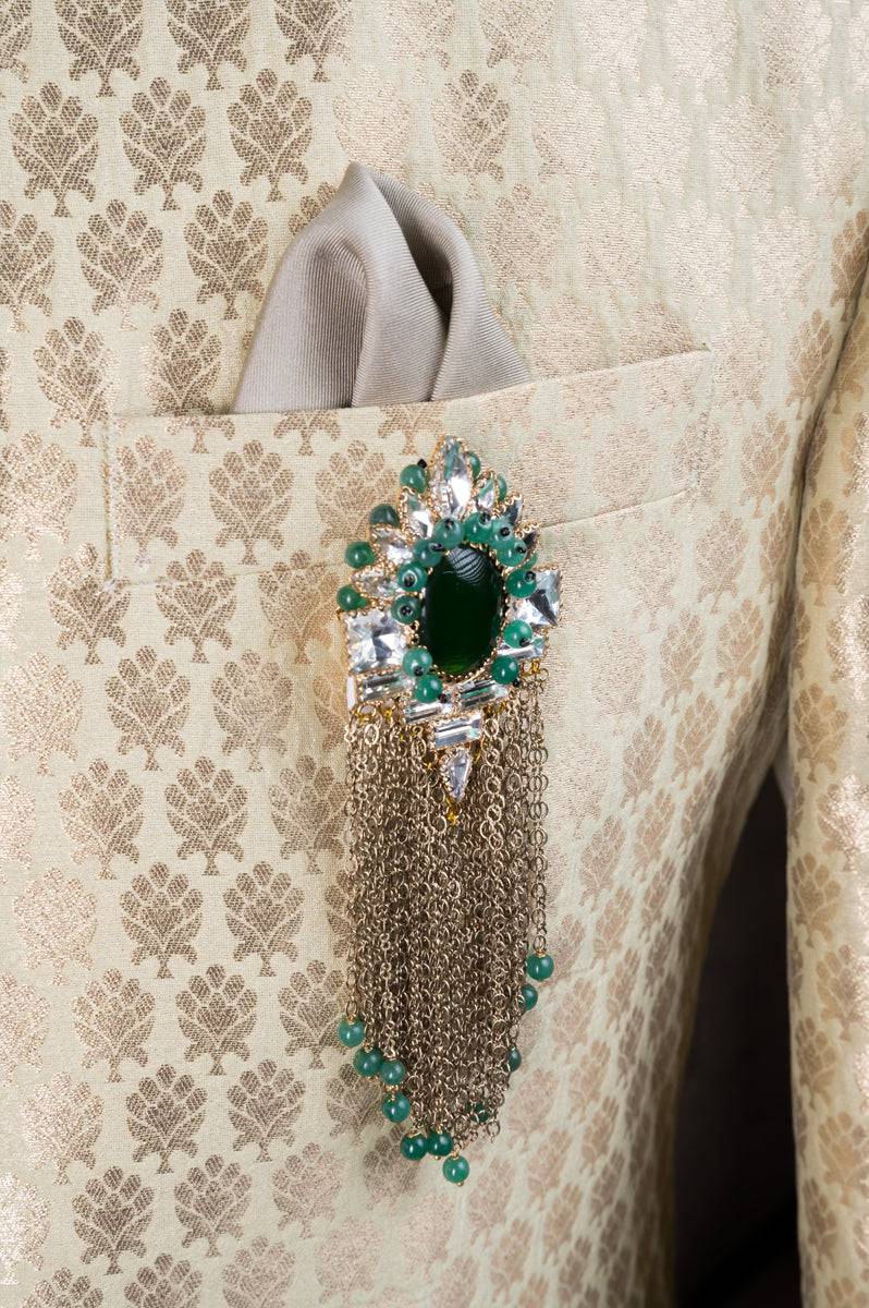 Tasva Oval Emerald Crystal Metal Chain Brooch - India shopping