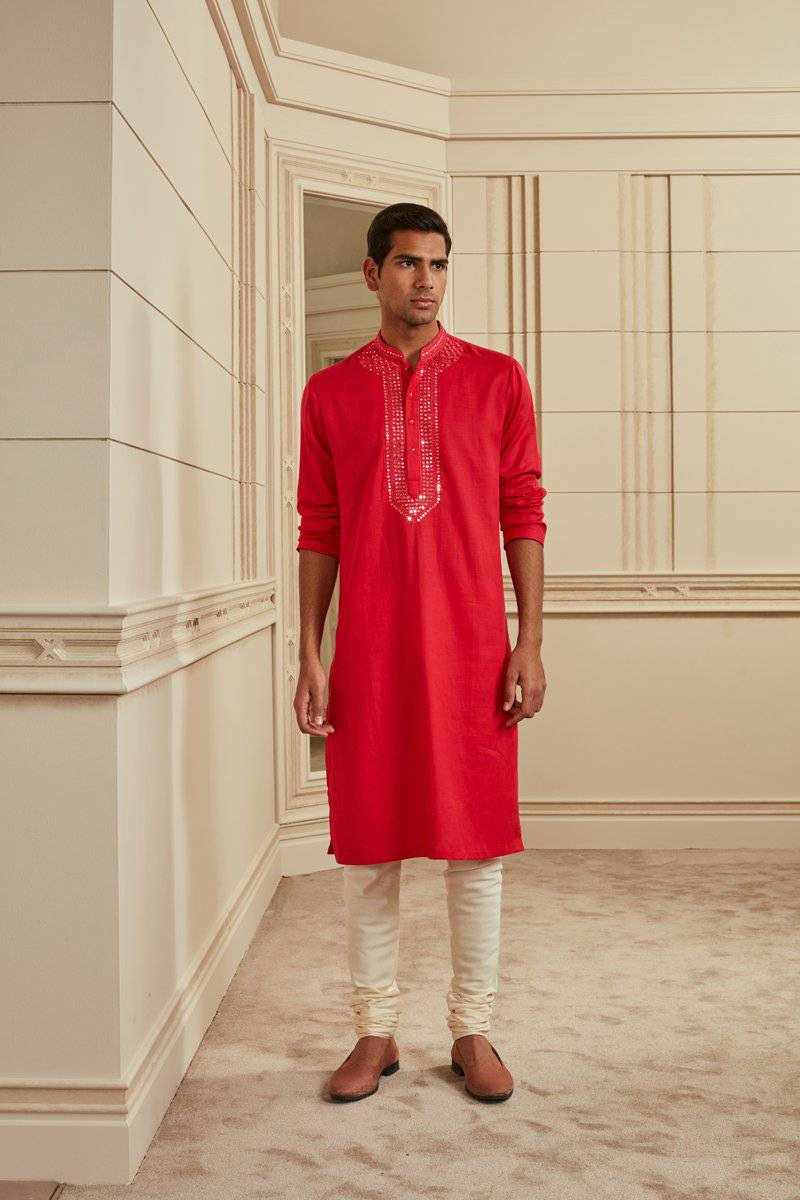 Tasva Red Mirror Work Kurta Set - India shopping