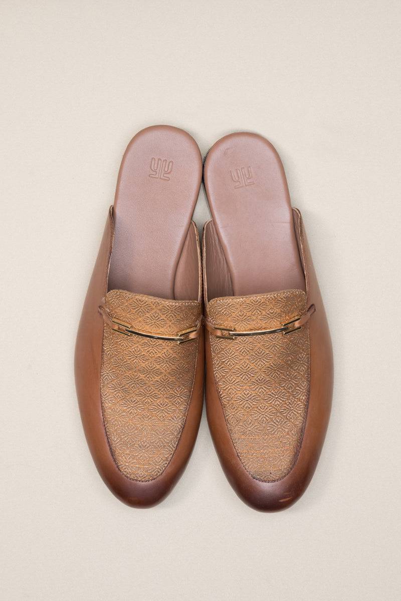 Tasva Tan Leather Loafers With Brocade Detailing - India shopping